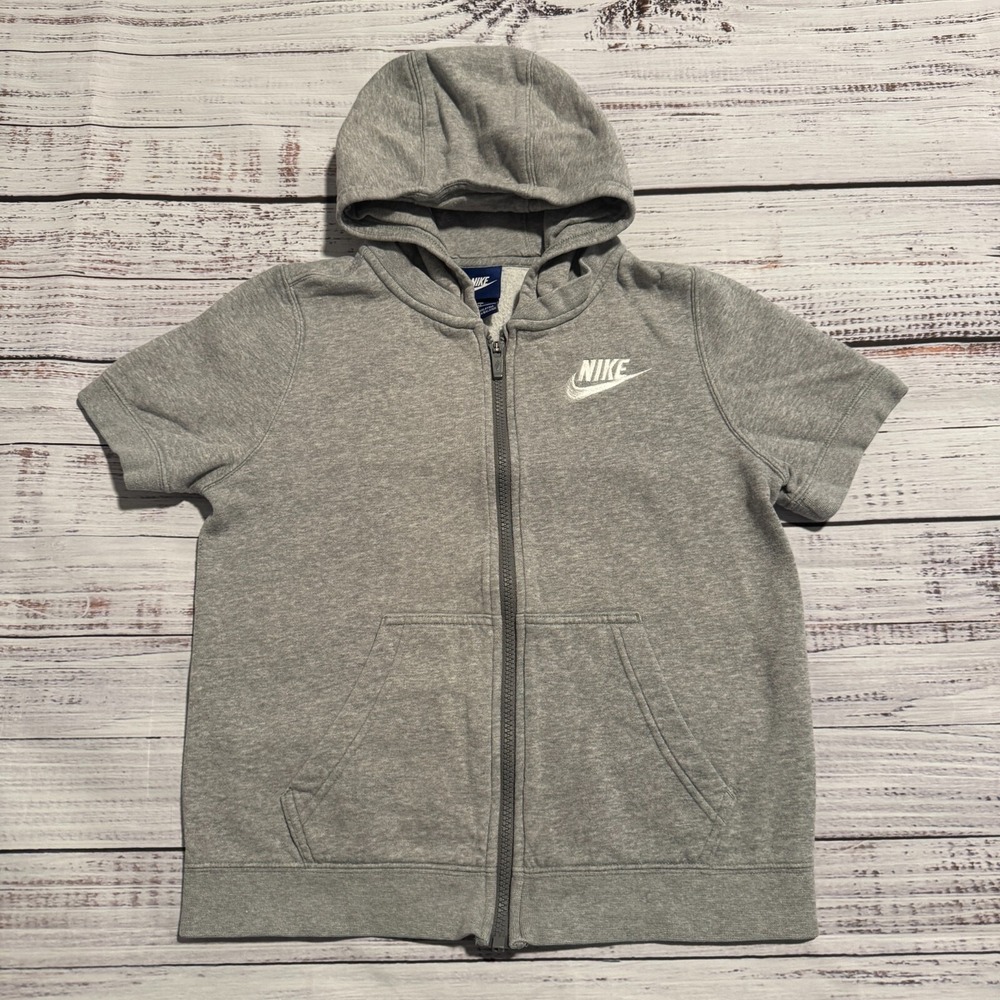 Nike Fleece Full Zip Short Sleeve Hoodie Sweatshirt Gray Logo Youth Size M